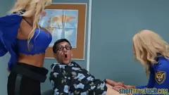 Play A Curvy MILF in Stockings and Lingerie Gets Pounded in a Wild Threesome with a Little Guy